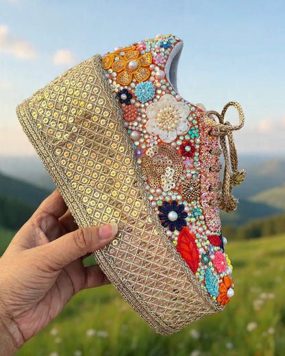 Handcrafted Floral Embellished Sneakers with Gold Sole – Designer Statement Shoes
