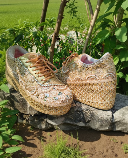 Gold Pearl Embellished Bridal Platform Sneakers – Designer Wedding Shoes