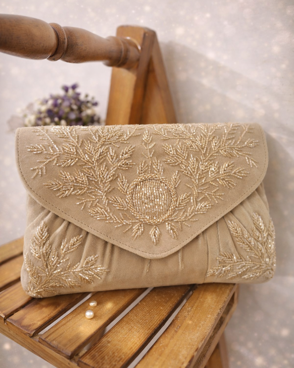 Embroidered Floral Evening Clutch with Metal Handle – Elegant Designer Party & Wedding Handbag