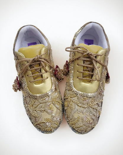 Gold Embroidered Bridal Sneakers with Mirror Work & Tassels – Luxury Wedding Shoes