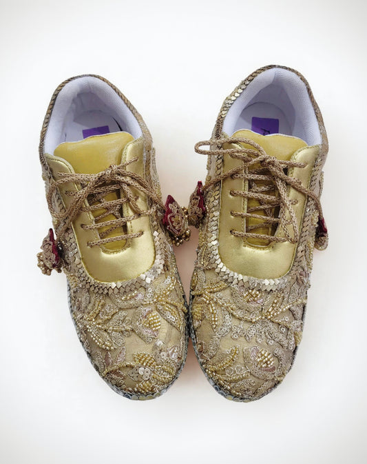 Gold Embroidered Bridal Sneakers with Mirror Work & Tassels – Luxury Wedding Shoes