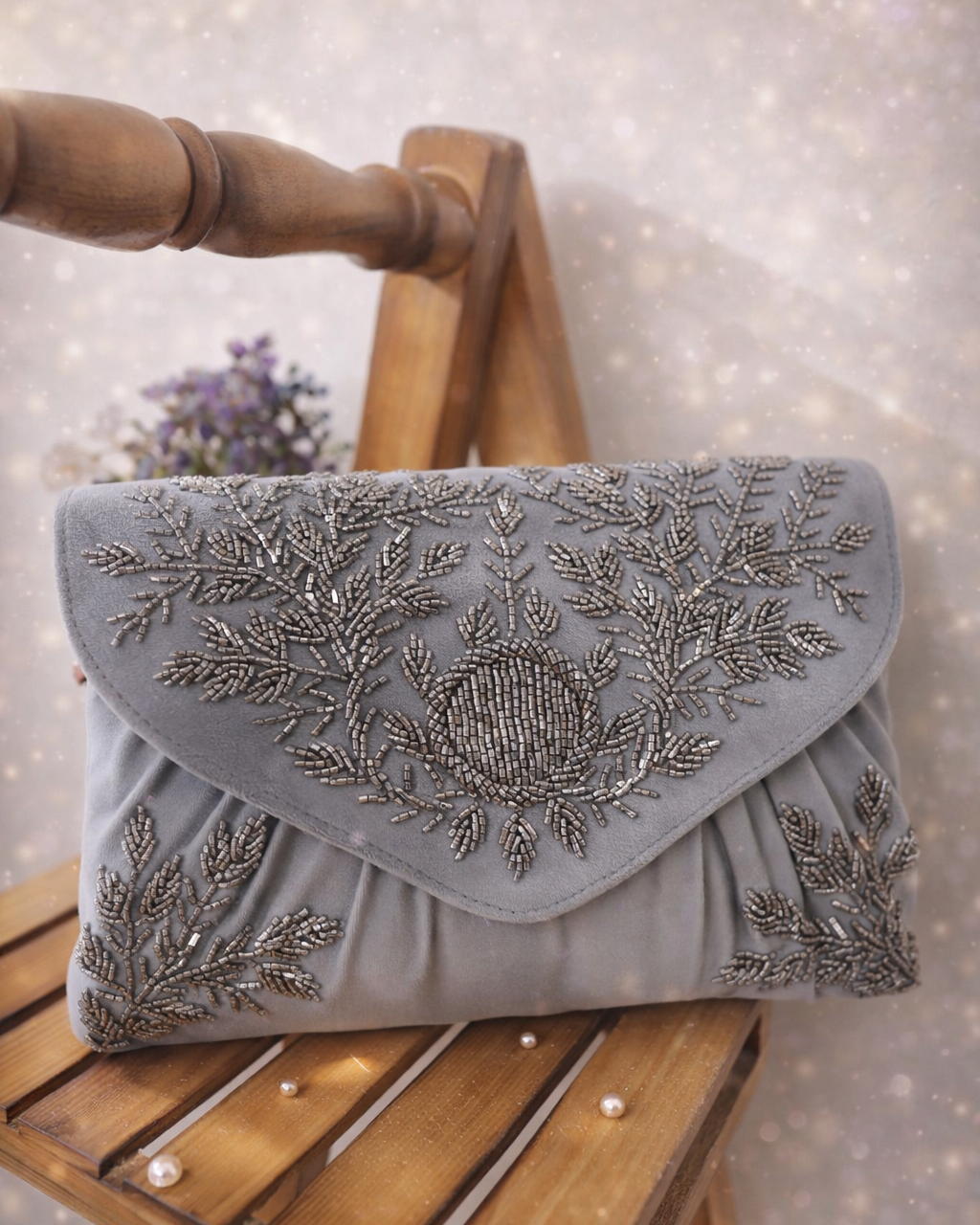 Embroidered Floral Evening Clutch with Metal Handle – Elegant Designer Party & Wedding Handbag