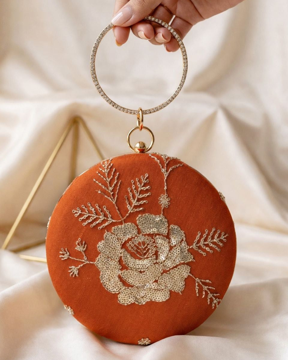 Elegant Floral Embroidered Round Clutch – Handcrafted Designer Evening Party Bag with Statement Handle