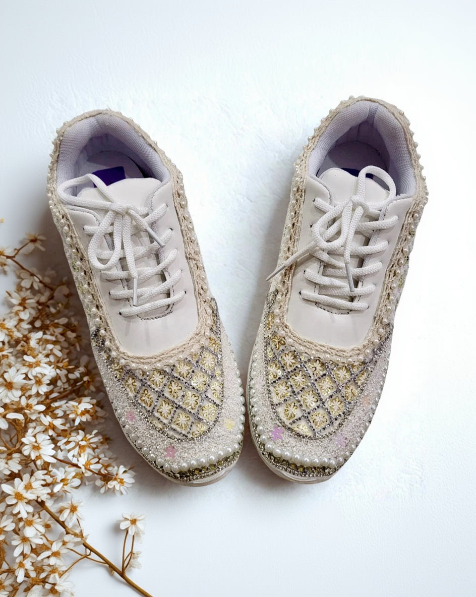 Ivory Pearl Embellished Bridal Sneakers – Luxury Wedding Shoes