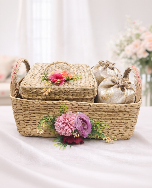 Premium Woven Gift Basket with Floral Decor & Potli Set