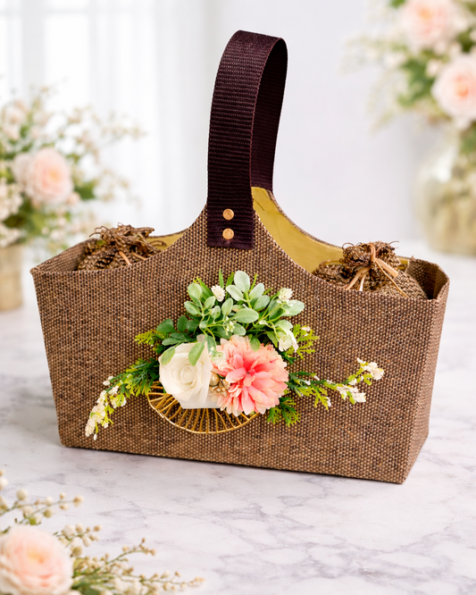 Premium Jute Gift Basket with Floral Decor & Wooden Handle