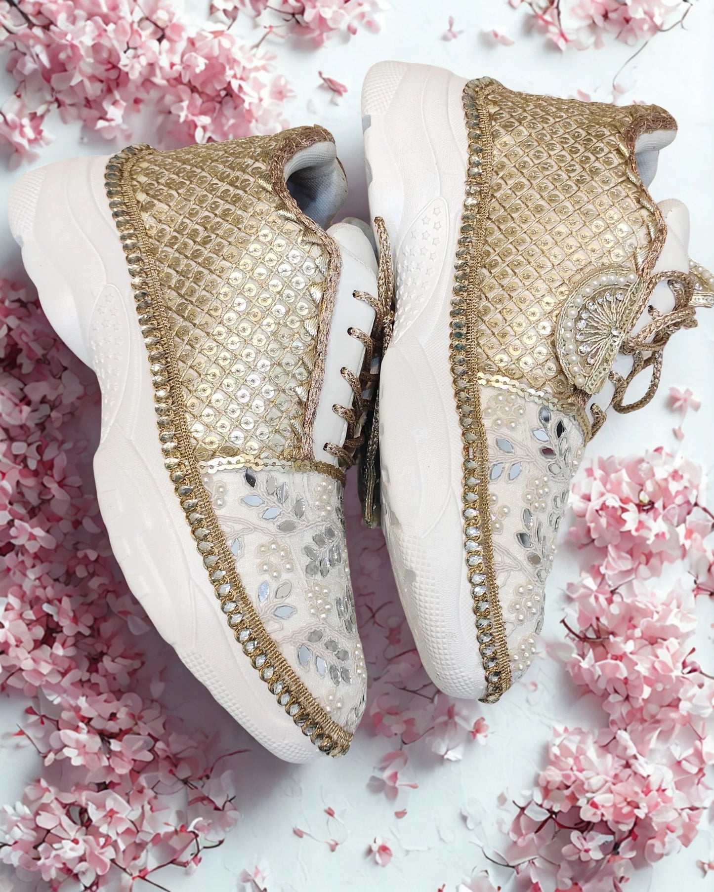 Luxury Embellished Bridal Sneakers with Pearl & Mirror Work – Gold & Ivory Wedding Shoes