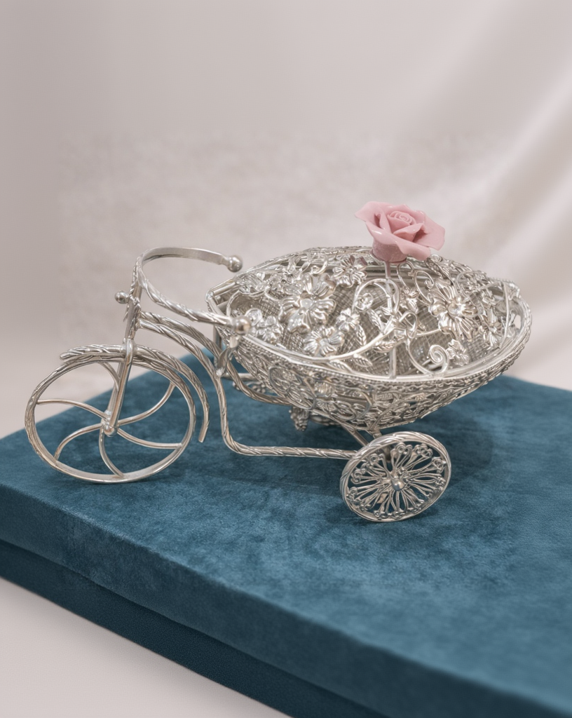 Vintage Style Silver Tricycle Candy Bowl with Pink Rose Lid
