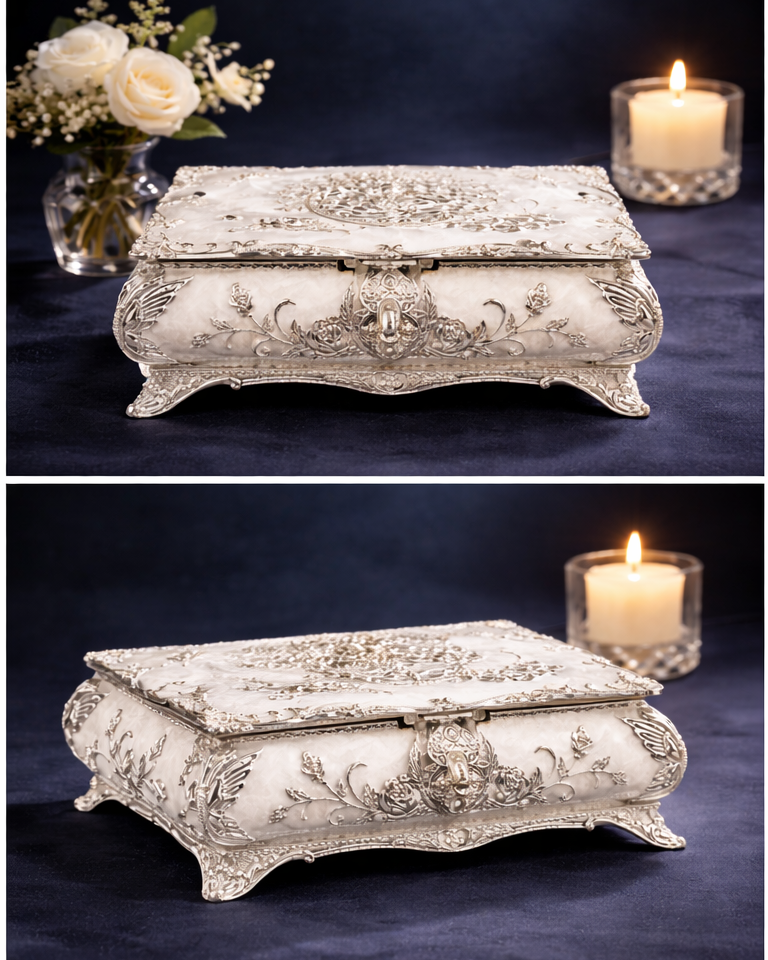 Luxury White & Silver Floral Jewelry Box