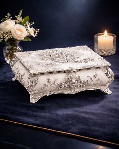Luxury White & Silver Floral Jewelry Box