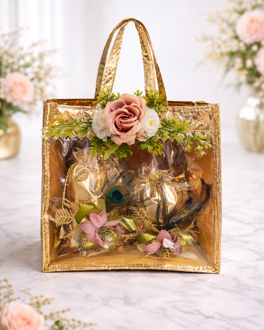 Luxury Transparent Gold Gift Bag with Floral & Peacock Decor