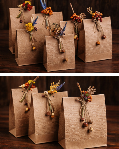 Rustic Kraft Paper Room Hamper Gift Bags with Dried Floral Décor – Elegant Edible Gift Packaging Set