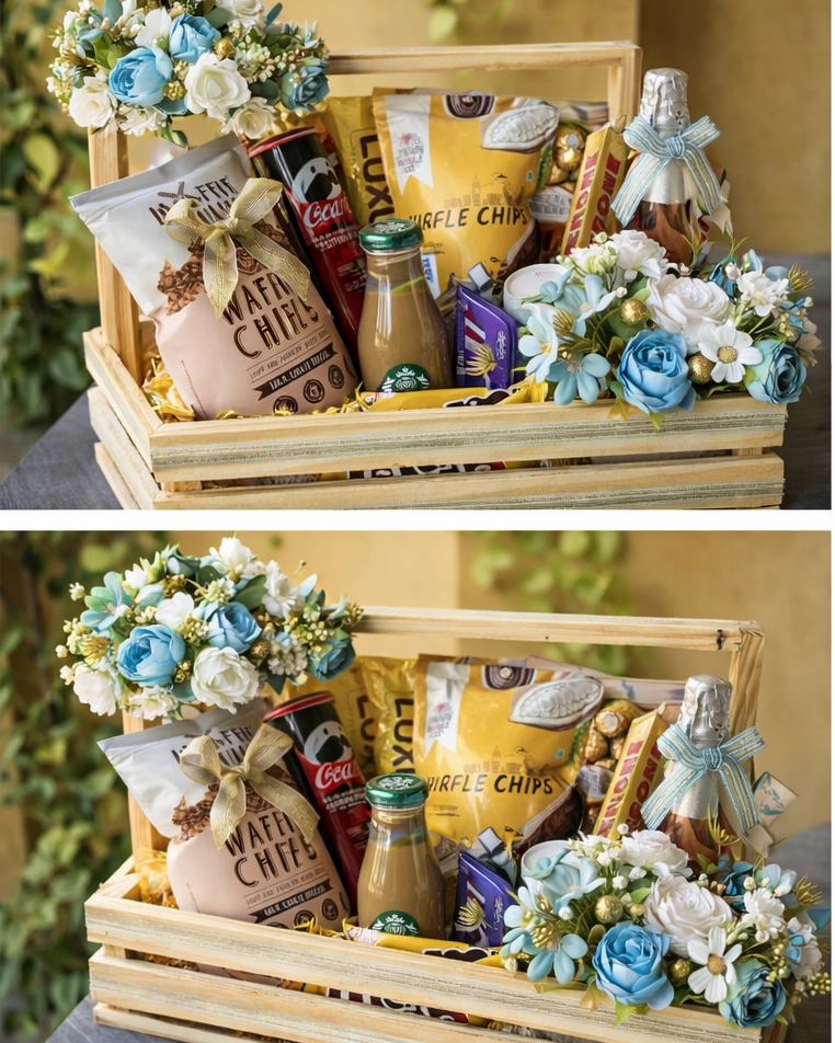 Premium Wooden Gift Crate Hamper with Floral Décor – Elegant Luxury Gifting & Decorative Basket