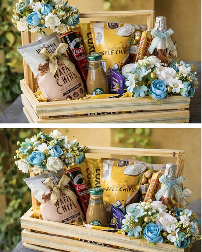 Premium Wooden Gift Crate Hamper with Floral Décor – Elegant Luxury Gifting & Decorative Basket