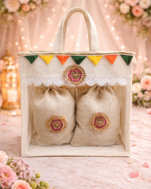 Pastel Wedding Jute Gift Bag with Potli Set – Premium Return Gift