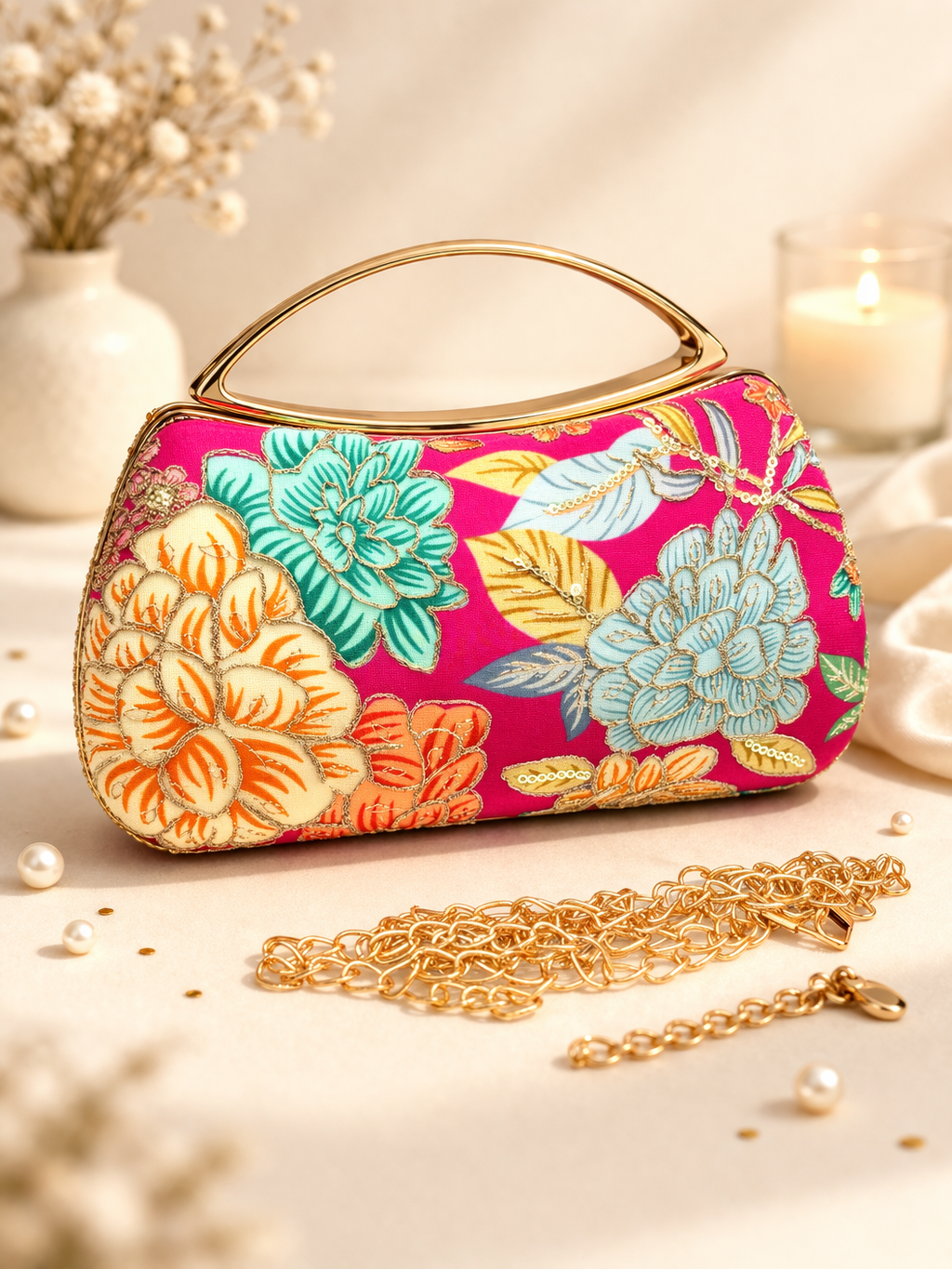 Floral embroidered handbag with gold chain on a soft background