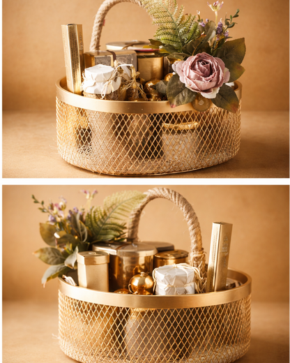 Luxury Gold Wire Gift Basket with Floral Arrangement – Elegant Premium Decorative Gift Hamper