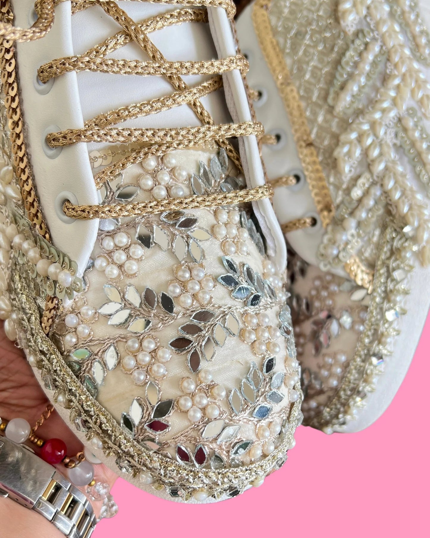 Luxury Embellished Bridal Sneakers with Pearl & Mirror Work – Gold & Ivory Wedding Shoes