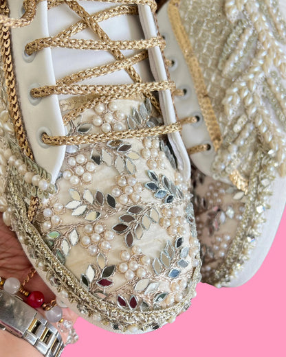 Luxury Embellished Bridal Sneakers with Pearl & Mirror Work – Gold & Ivory Wedding Shoes