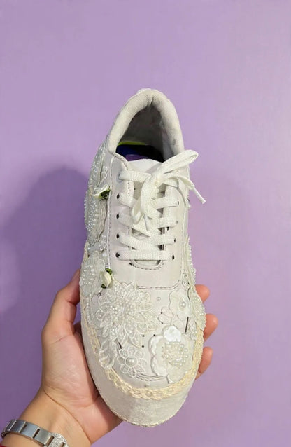 Ivory Floral Embellished Platform Sneakers – Pearl Bridal Wedge Shoes