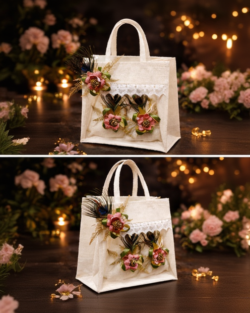 Premium Jute Gift Tote Bag with Floral & Peacock Feather Decor