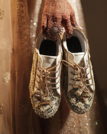 Luxury Embellished Bridal Sneakers with Pearl & Mirror Work – Gold & Ivory Wedding Shoes