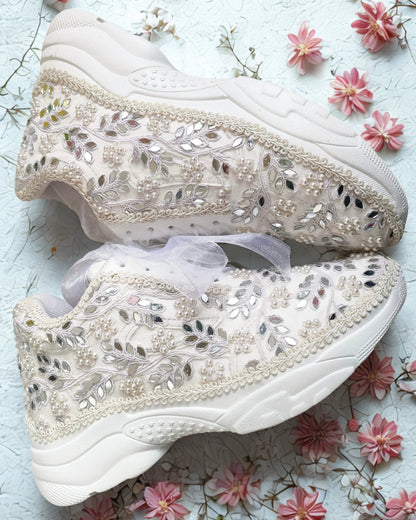 Ivory Pearl & Mirror Embellished Bridal Sneakers – Luxury Wedding Footwear