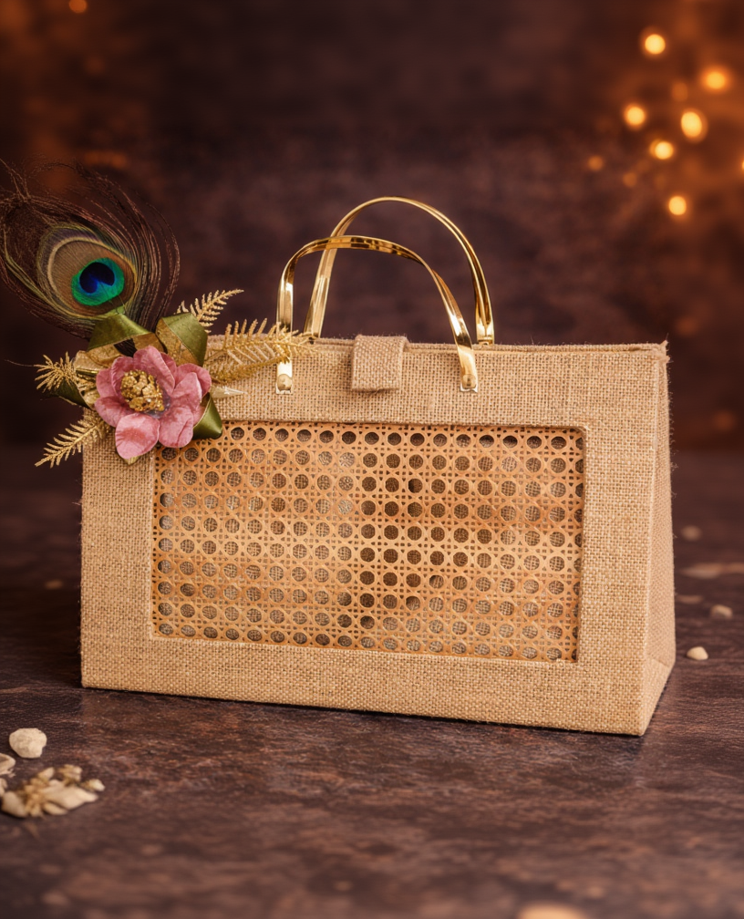 Luxury Jute & Cane Gift Bag with Gold Handle and Peacock Floral Decor