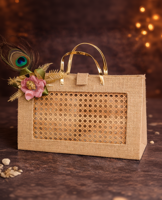 Luxury Jute & Cane Gift Bag with Gold Handle and Peacock Floral Decor