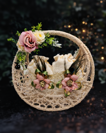 Handcrafted Jute Gift Basket with Floral Decoration & Potli Bags