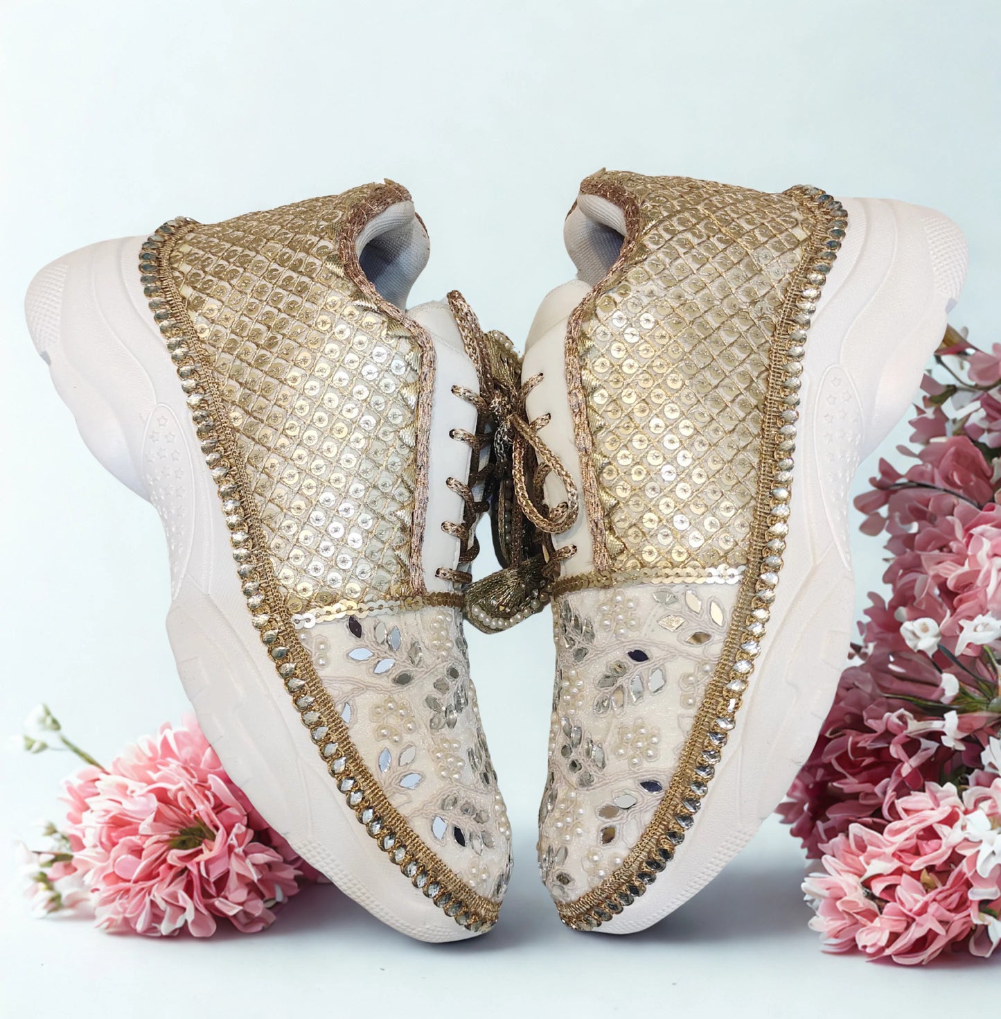 Luxury Embellished Bridal Sneakers with Pearl & Mirror Work – Gold & Ivory Wedding Shoes