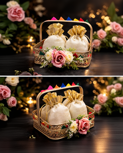 Luxury Metal Gift Basket with Potli Bags & Floral Decor