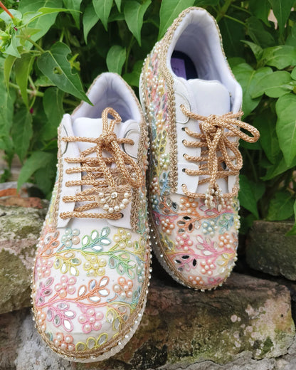 Pastel Floral Embroidered Sneakers with Pearl & Mirror Work – Designer Wedding Shoes