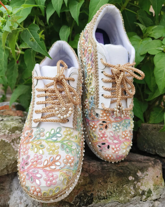 Pastel Floral Embroidered Sneakers with Pearl & Mirror Work – Designer Wedding Shoes