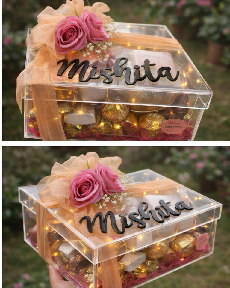 Personalized Acrylic Gift Box with Floral Top & Tulle Ribbon – Luxury Custom Name Gift Hamper