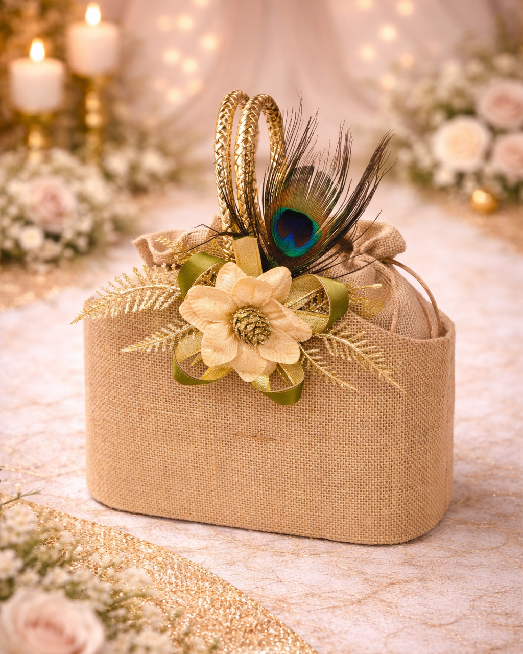 Rustic Jute Gift Basket with Peacock Feather & Floral Decor
