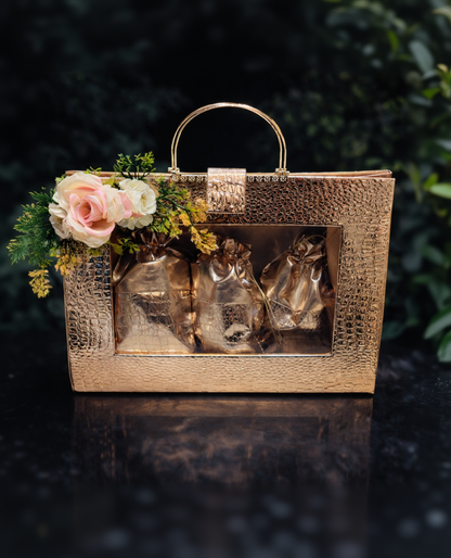 Luxury Rose Gold Textured Gift Hamper Bag with Transparent Window