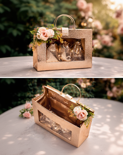 Luxury Rose Gold Textured Gift Hamper Bag with Transparent Window