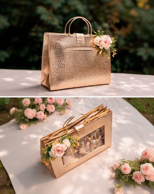 Luxury Rose Gold Textured Gift Hamper Bag with Transparent Window