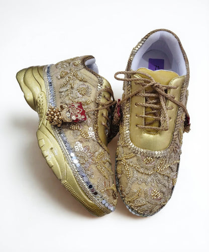 Gold Embroidered Bridal Sneakers with Mirror Work & Tassels – Luxury Wedding Shoes