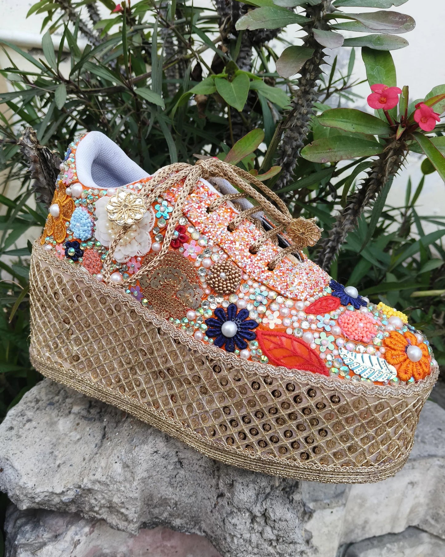 Handcrafted Floral Embellished Sneakers with Gold Sole – Designer Statement Shoes