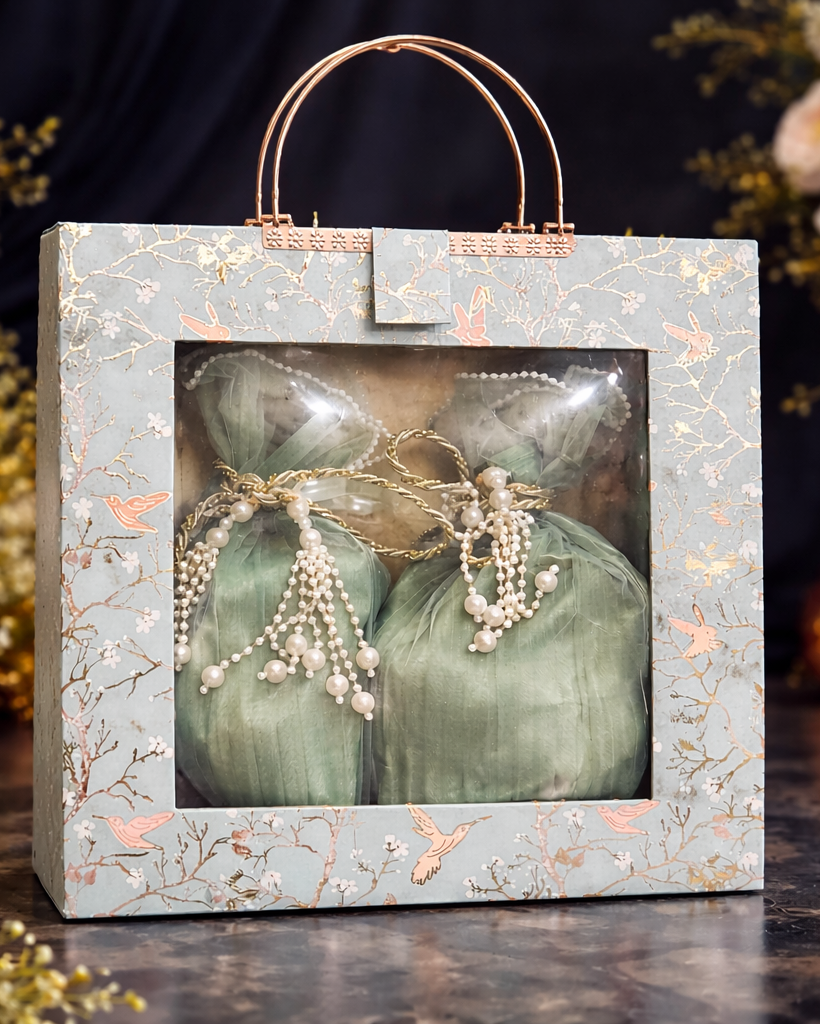Luxury Mint Green Gift Box with Pearl Potli Set & Rose Gold Handle