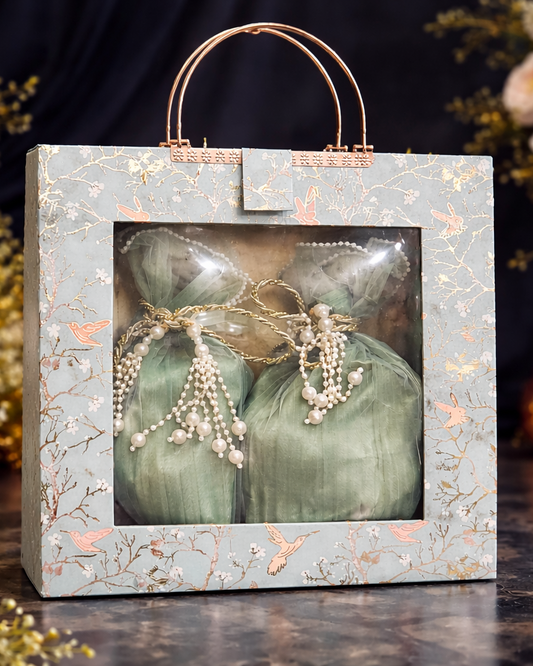 Luxury Mint Green Gift Box with Pearl Potli Set & Rose Gold Handle