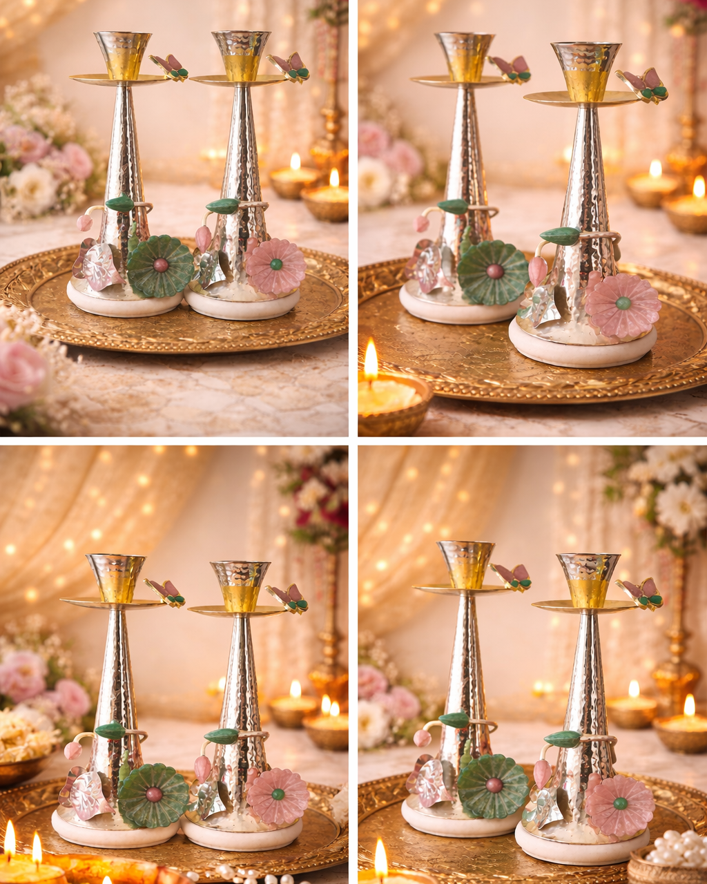 Luxury Decorative Candle Holders Set of 2 – Hammered Metal & Stone Floral Design Candlesticks
