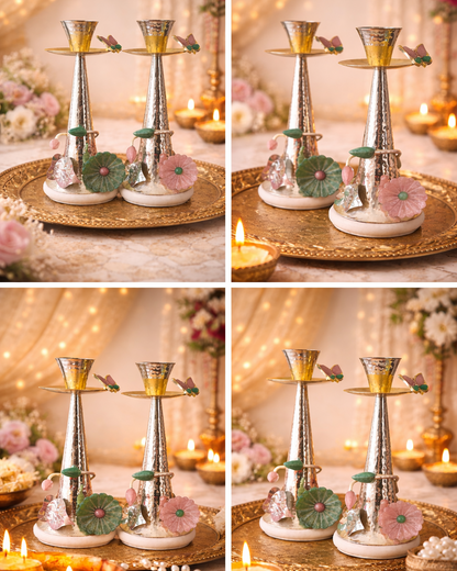 Luxury Decorative Candle Holders Set of 2 – Hammered Metal & Stone Floral Design Candlesticks