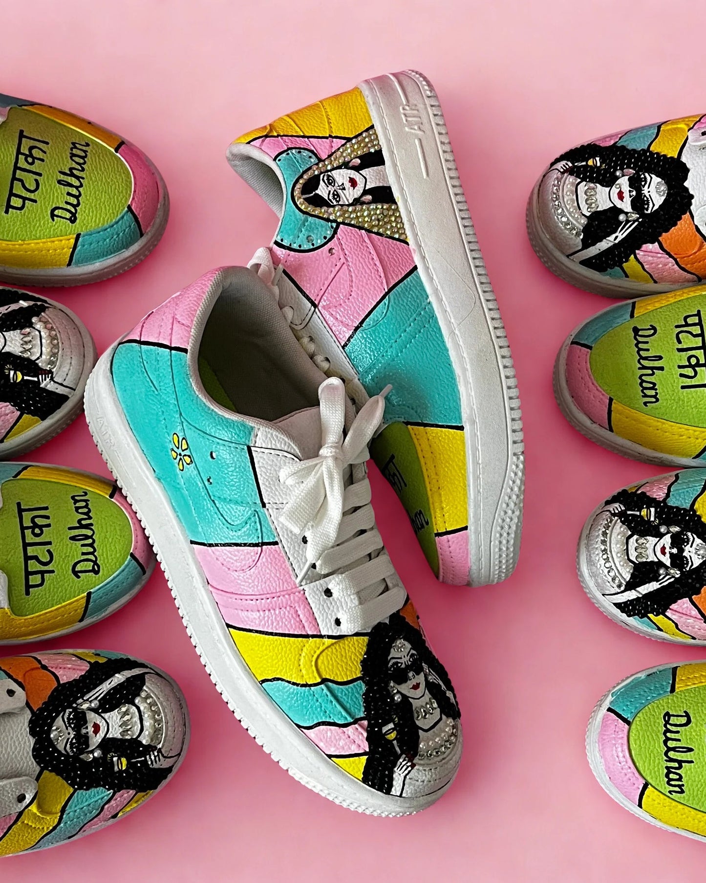 Custom Dulhan Sneakers – Hand-Painted Bridal Shoes with Punjabi “Pataka Dulhan” Design