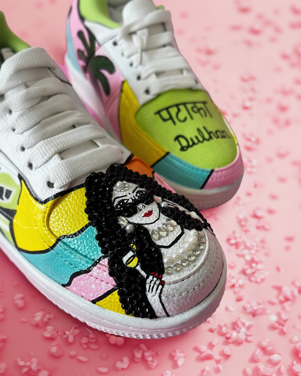 Custom Dulhan Sneakers – Hand-Painted Bridal Shoes with Punjabi “Pataka Dulhan” Design