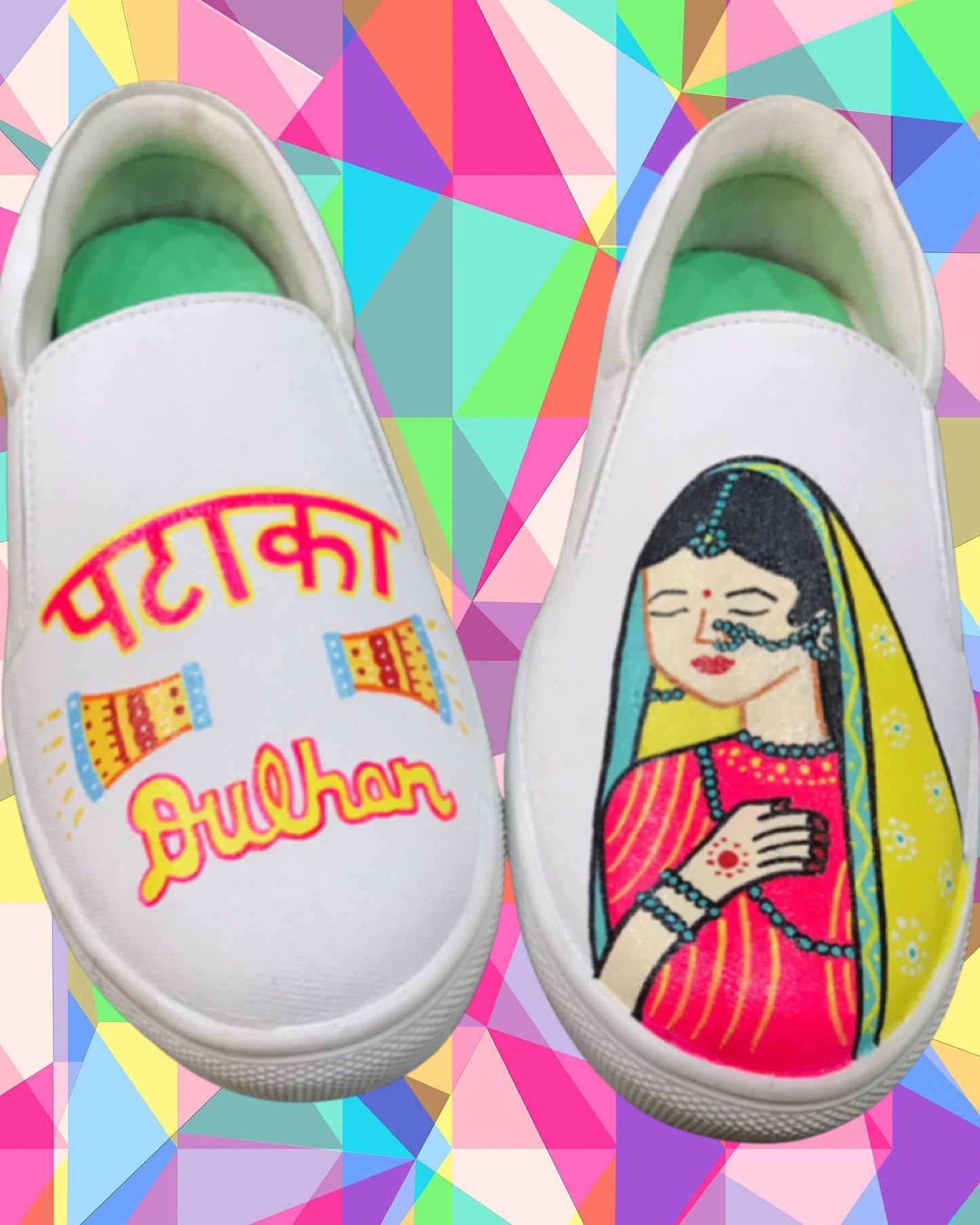 Pataka Dulhan Custom Sneakers – Hand-Painted Bridal Slip-On Shoes with Indian Bride Artwork