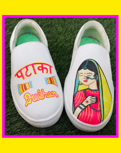 Pataka Dulhan Custom Sneakers – Hand-Painted Bridal Slip-On Shoes with Indian Bride Artwork