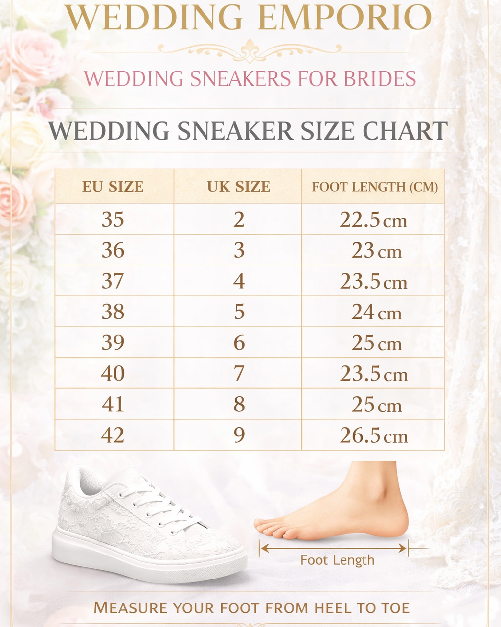 Wedding sneaker size chart for brides with foot length measurement on a decorative background.